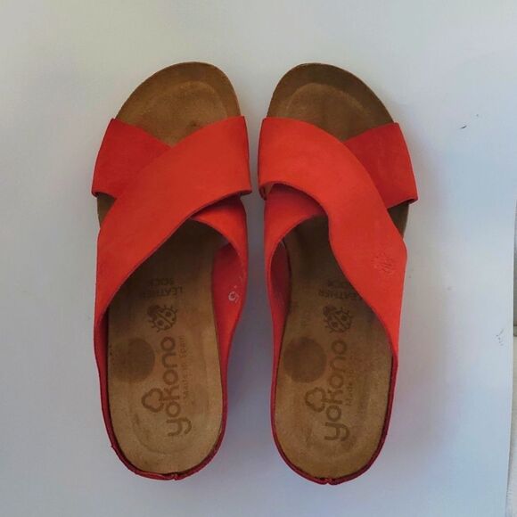 NWOT YOKONO RED BROWN SUEDE LEATHER PLATFORM SANDALS SLIDES CORK SIZE 7.5 FLAW - Picture 3 of 9